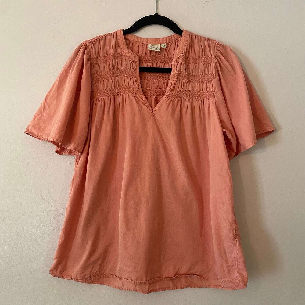 Gap Pink Smocked Peasant Blouse Lagenlook Minimalist Cotton Women's Large Tall